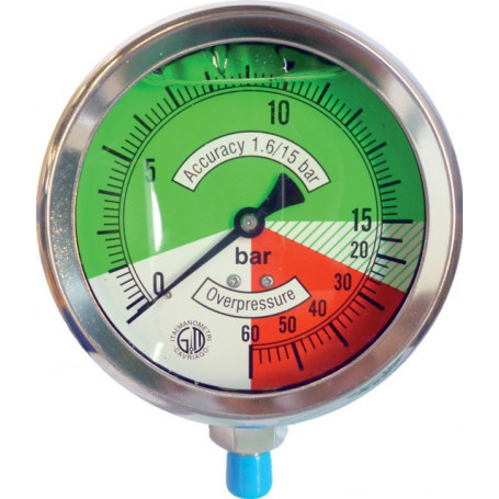 MANOMETRE GLYCERINE D100 M1/4 INOX 0-15/15-60